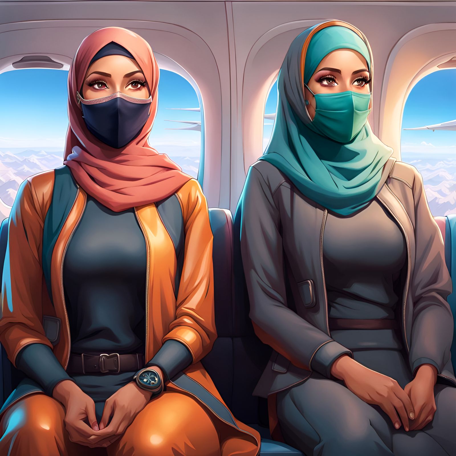 Hijabi Women on Airplane in Hyperdetailed Art