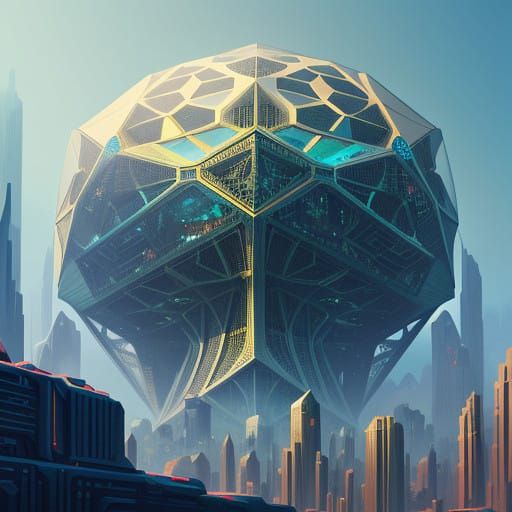 Surreal Futuristic Cityscape with Hexagonal Architecture and...