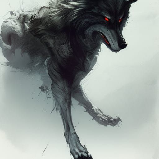 Sinister Crazed Wolf in Dark Fantasy Style