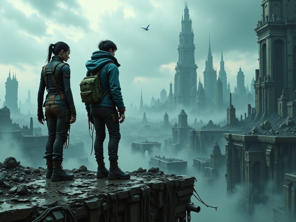 Cyberpunk Survivors Stand Tall on Ruined Skyscraper