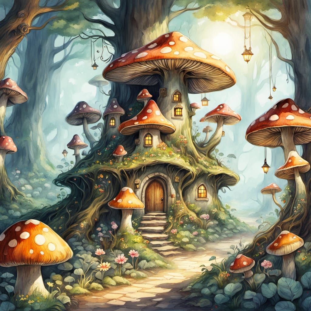 Mushroom Village Among Ancient Tree Roots in Watercolor