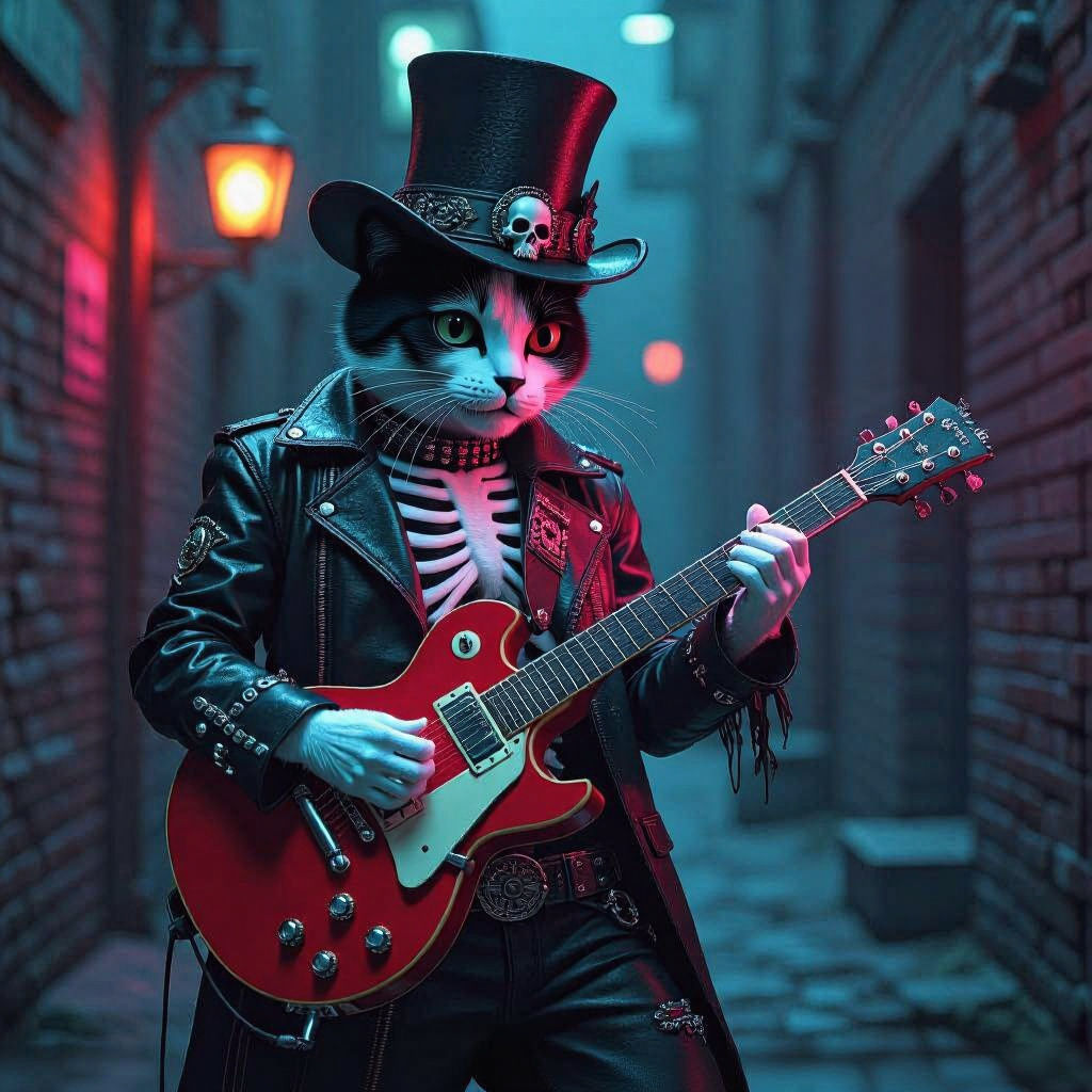 Skeletal Cat Shreds Plasma Scythe in Dark Alley