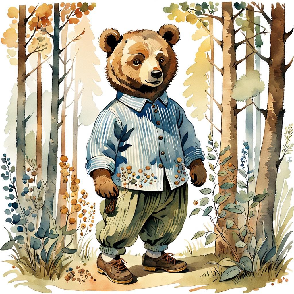 Bear Cub Plays Gusli: Watercolor Sketch