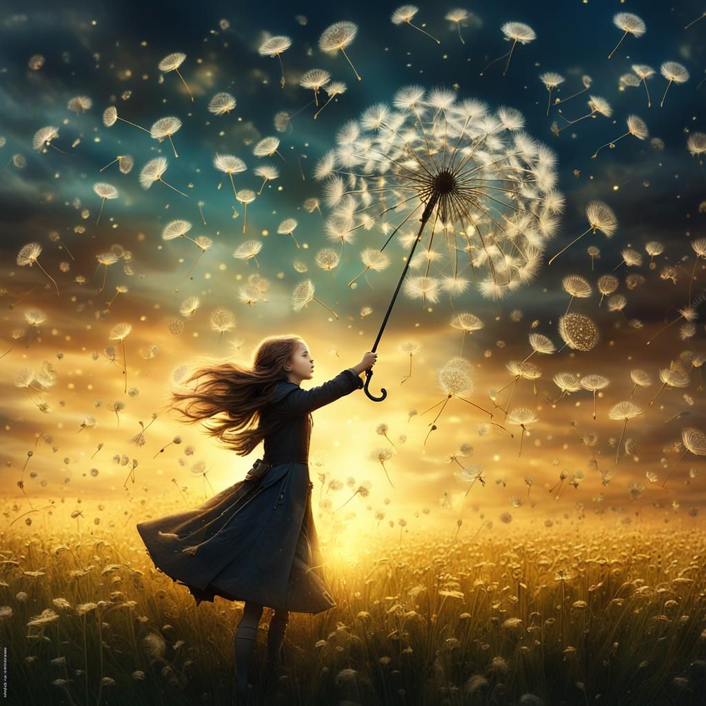 Steampunk Girl Flies with Umbrella over Dandelions