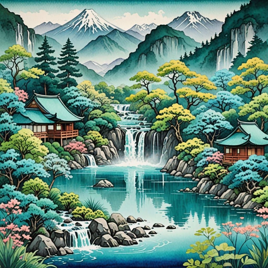 Turquoise Japanese Landscape: Watercolour Pointillism Mix