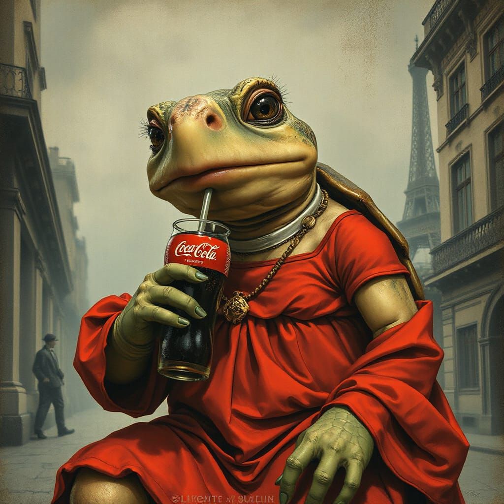 Exaggerated Turtle in Vintage Parisian Setting, Red Dress, C...