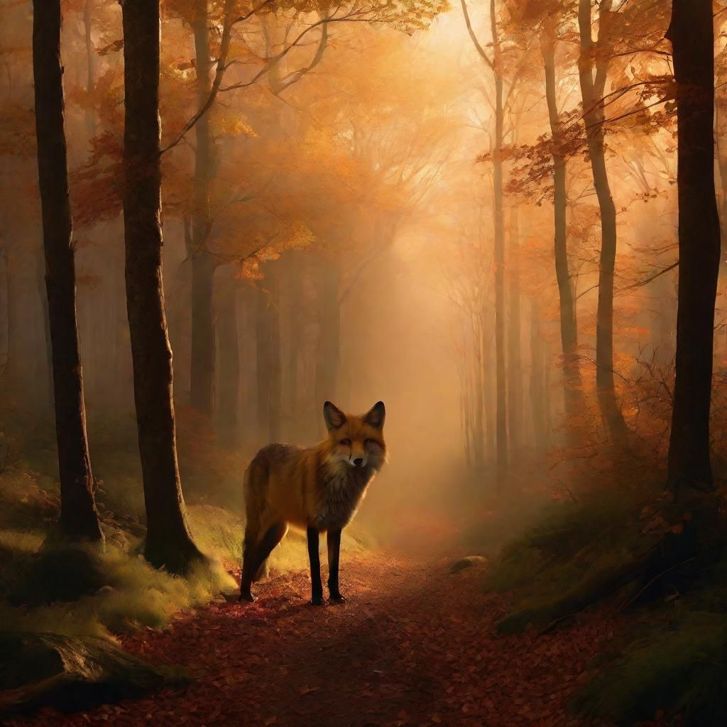 Fox Hunts Wolf in Misty Forest, Photorealistic Painting