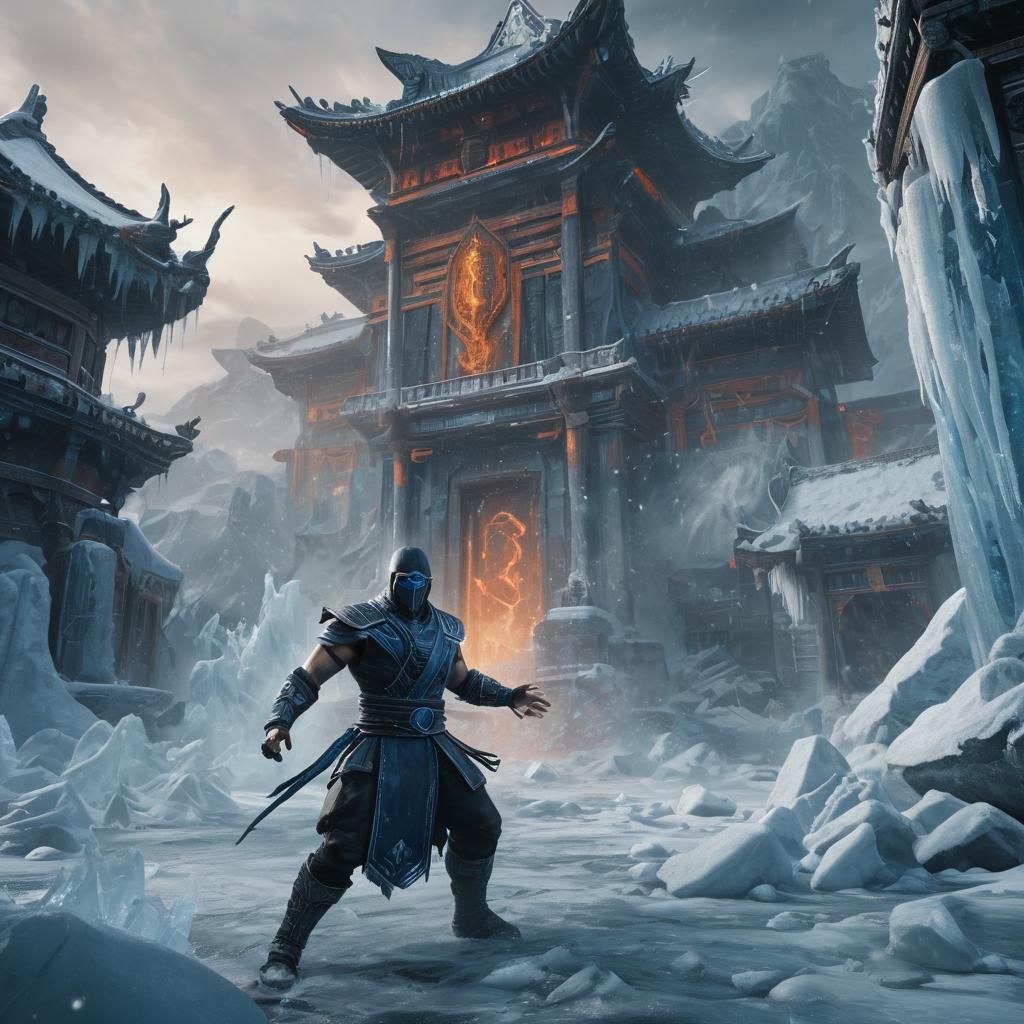 Subzero Furious in Frozen Temple: High Fantasy Art