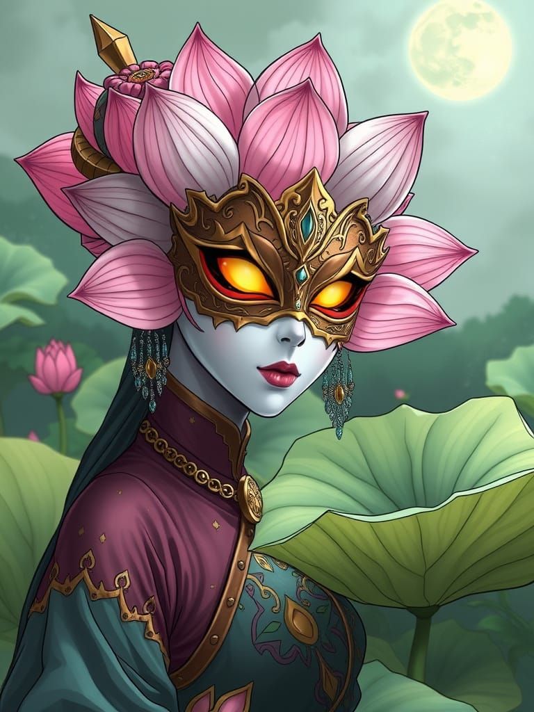 Lotus Flower Masquerade Character in Comic Art Style