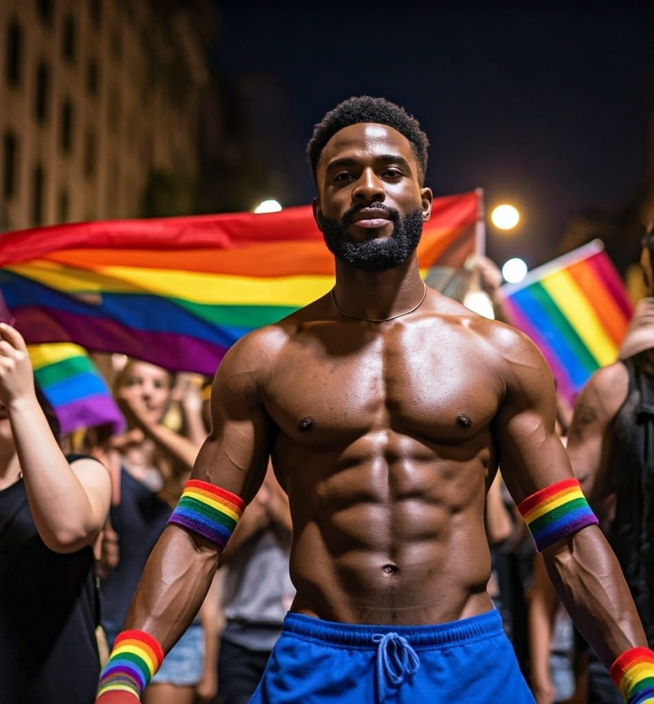 Joyful Black Man Waves Rainbow Flag at Pride Parade