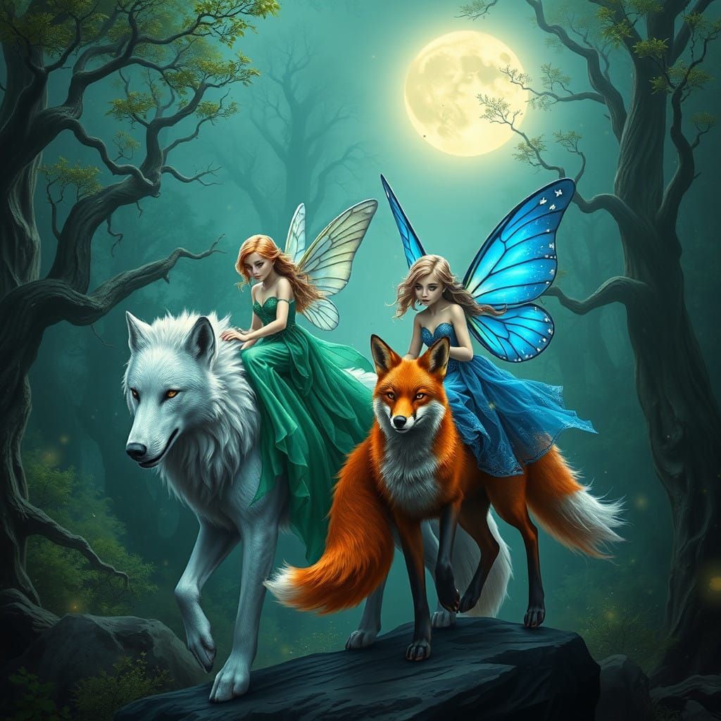 Ethereal Fairies Ride Majestic Forest Beasts in Vibrant, Dre...