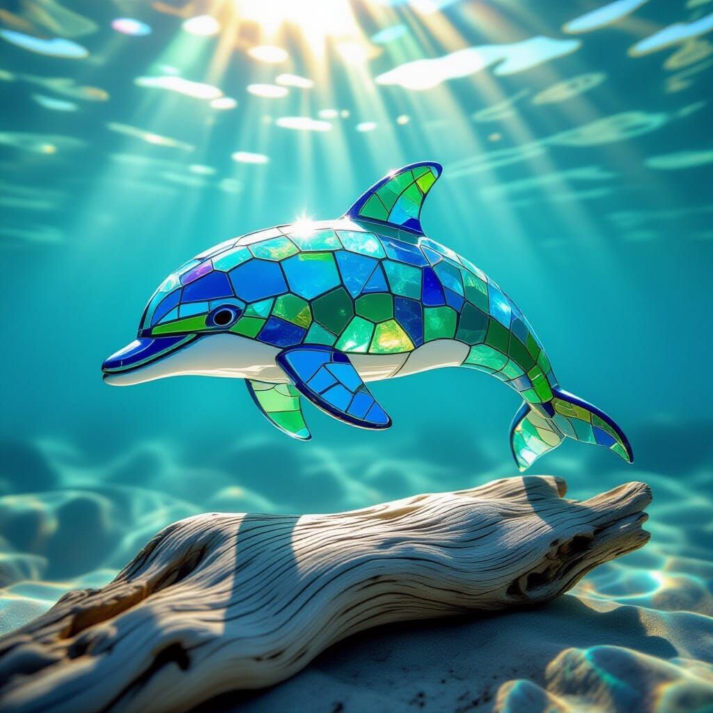 Dolphin Sculpture of Iridescent Sea Glass and Driftwood