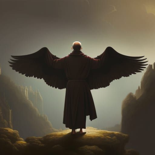 Monk with Raven in Romantic Pencil Sketch Style