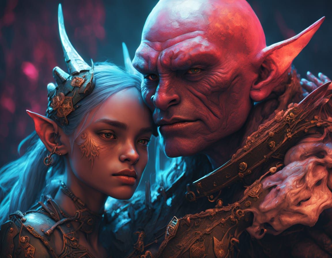 Surreal Digital Portrait of Elven Warrior and Orc Beauty in ...