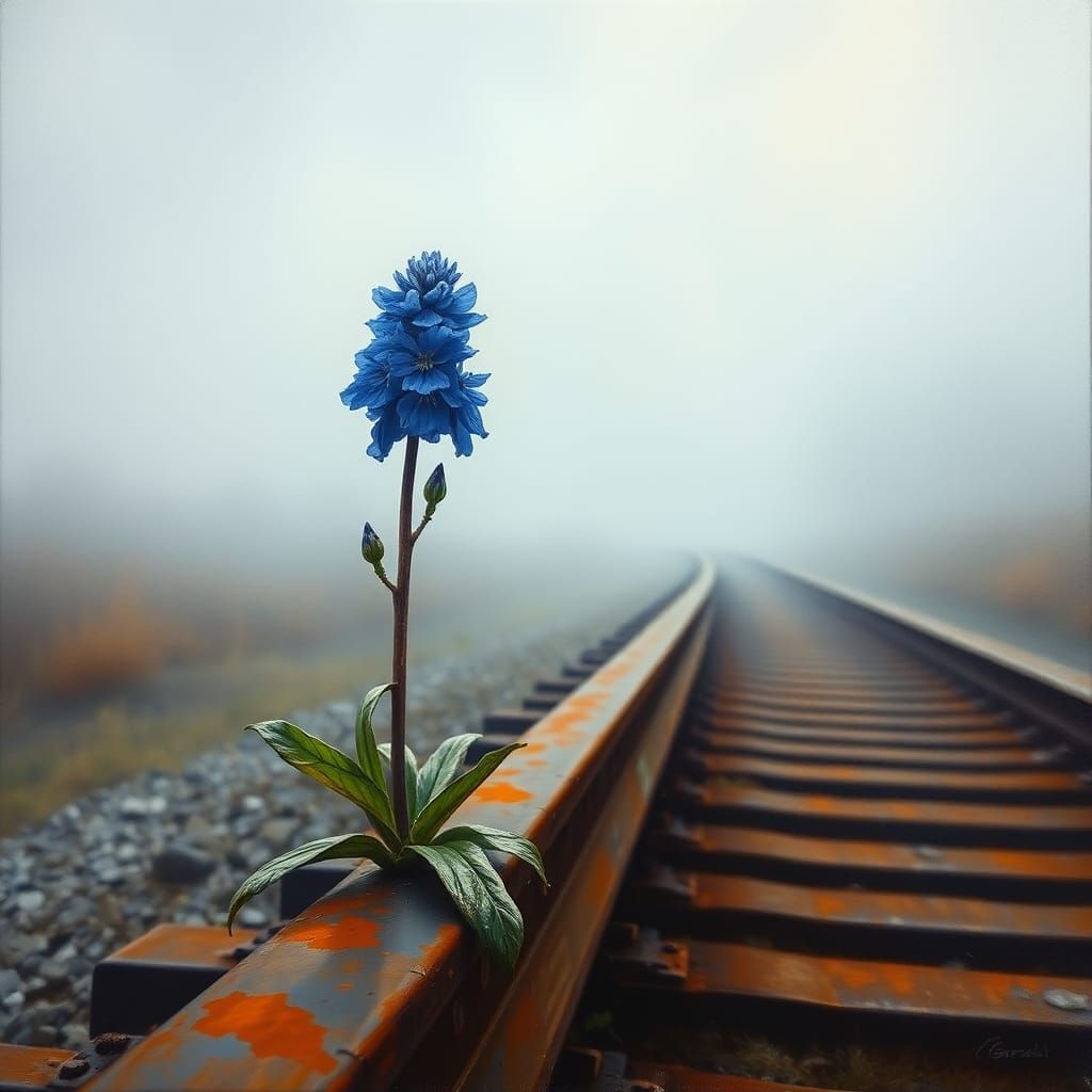 Blue Flower Sprouts on Rusty Train Tracks
