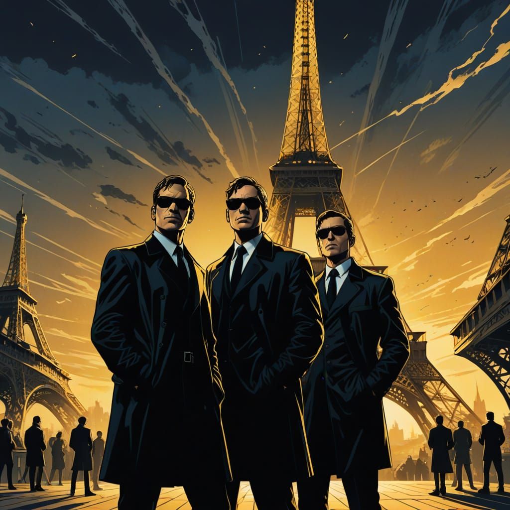 Men in Black by Eiffel Tower: Comic Book Art
