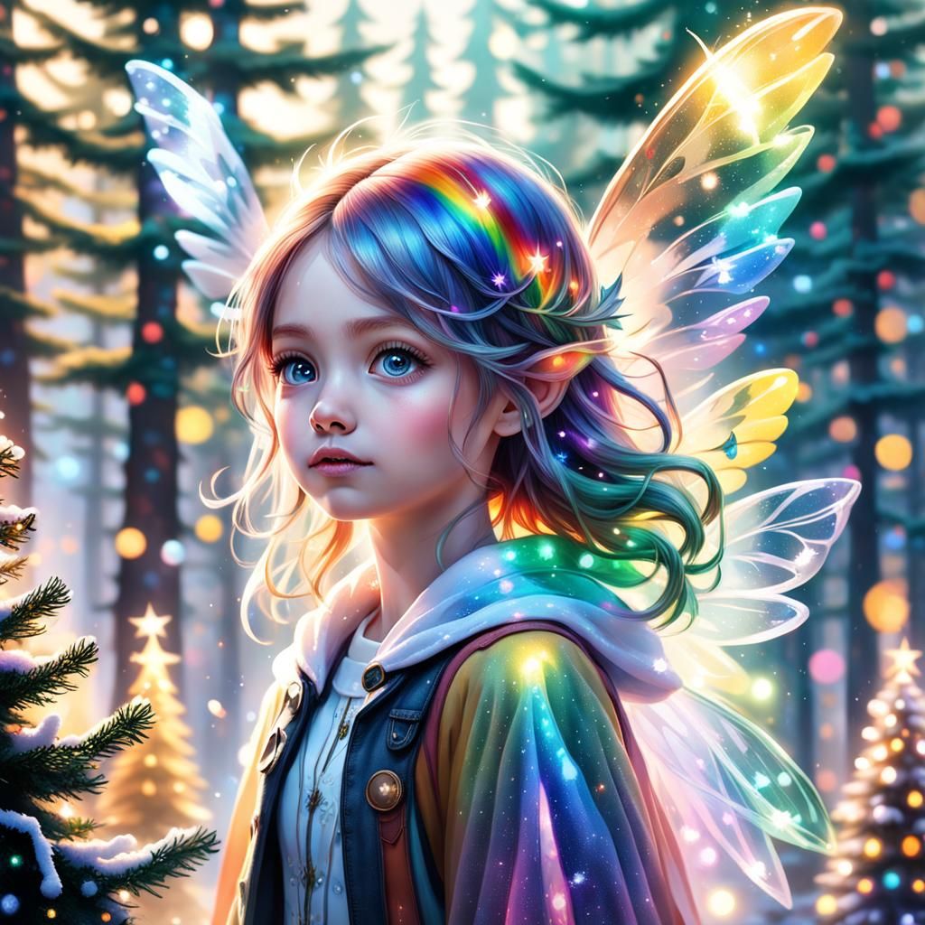 Adorable Rainbow Fairy in Christmas Tree Forest