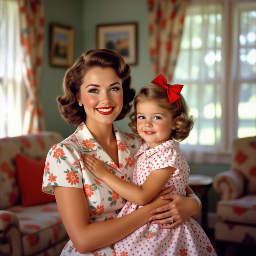 Nostalgic 1950s Mother and Daughter Portrait