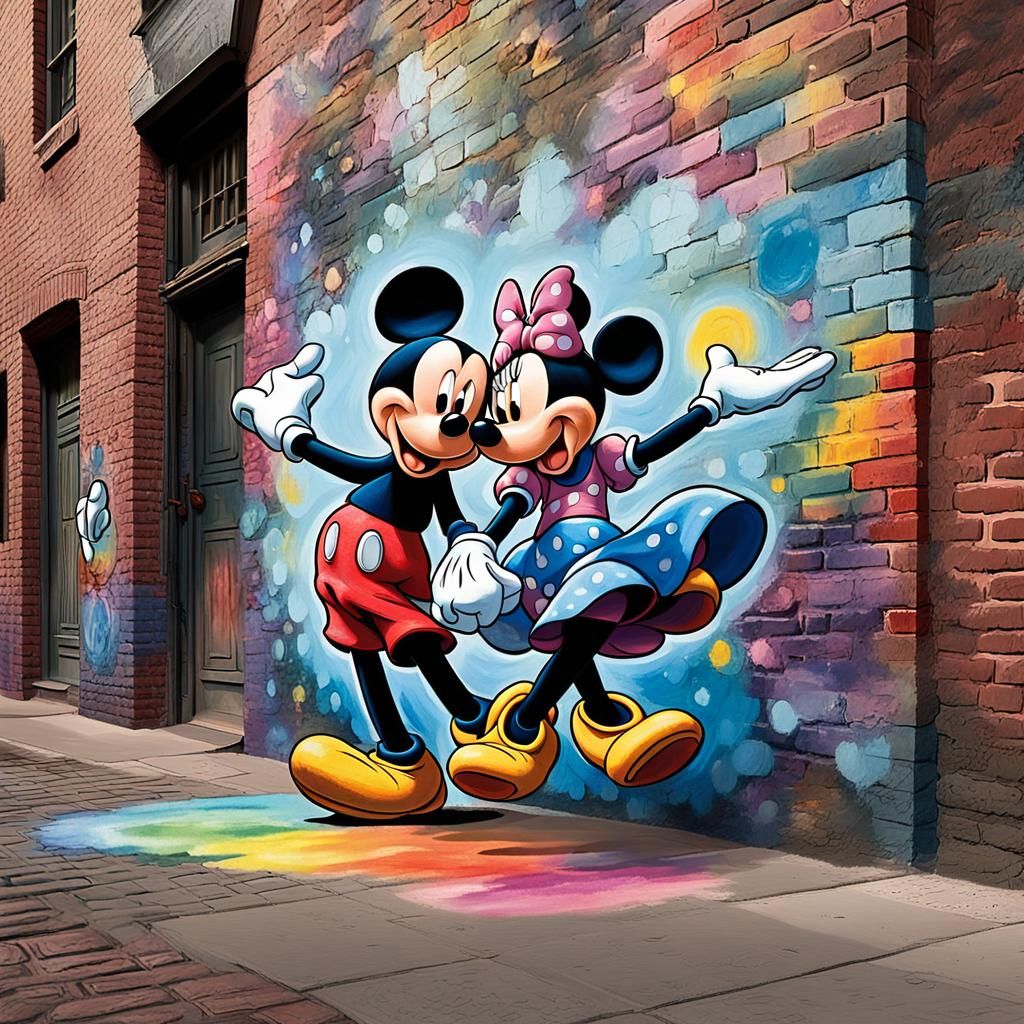 A vibrant colored chalk, transforms an old brick wall into a...