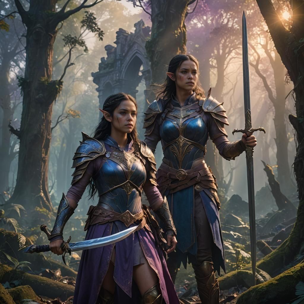 Elegant Elven Warrior Twins Unveiled in Cyberpunk Fantasy