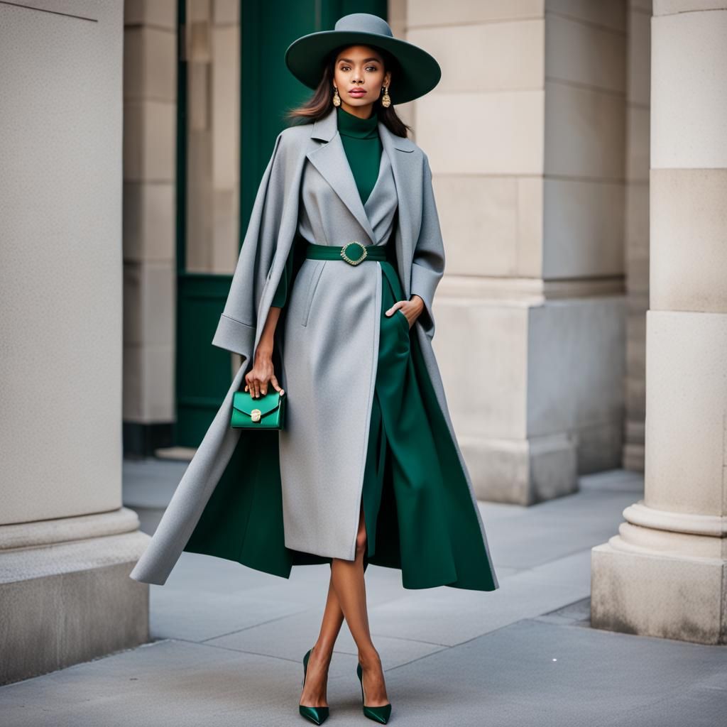 Elegant Gray Wrap Dress with Emerald Brooch