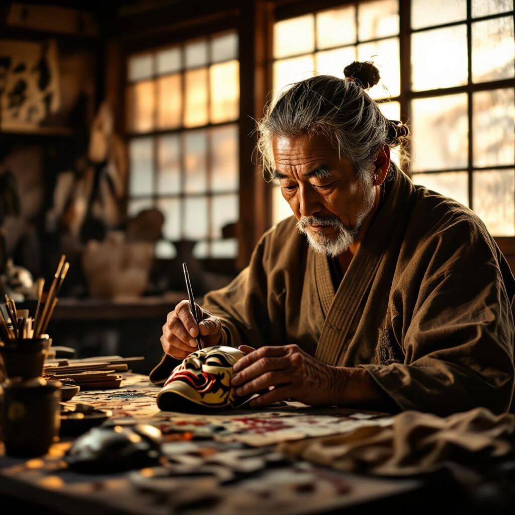 Japanese Craftsman Painting Samurai Mask: Photorealistic Det...