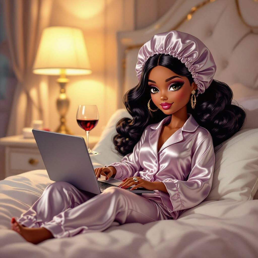 Chic Black Doll Relaxing in Bed with Wine