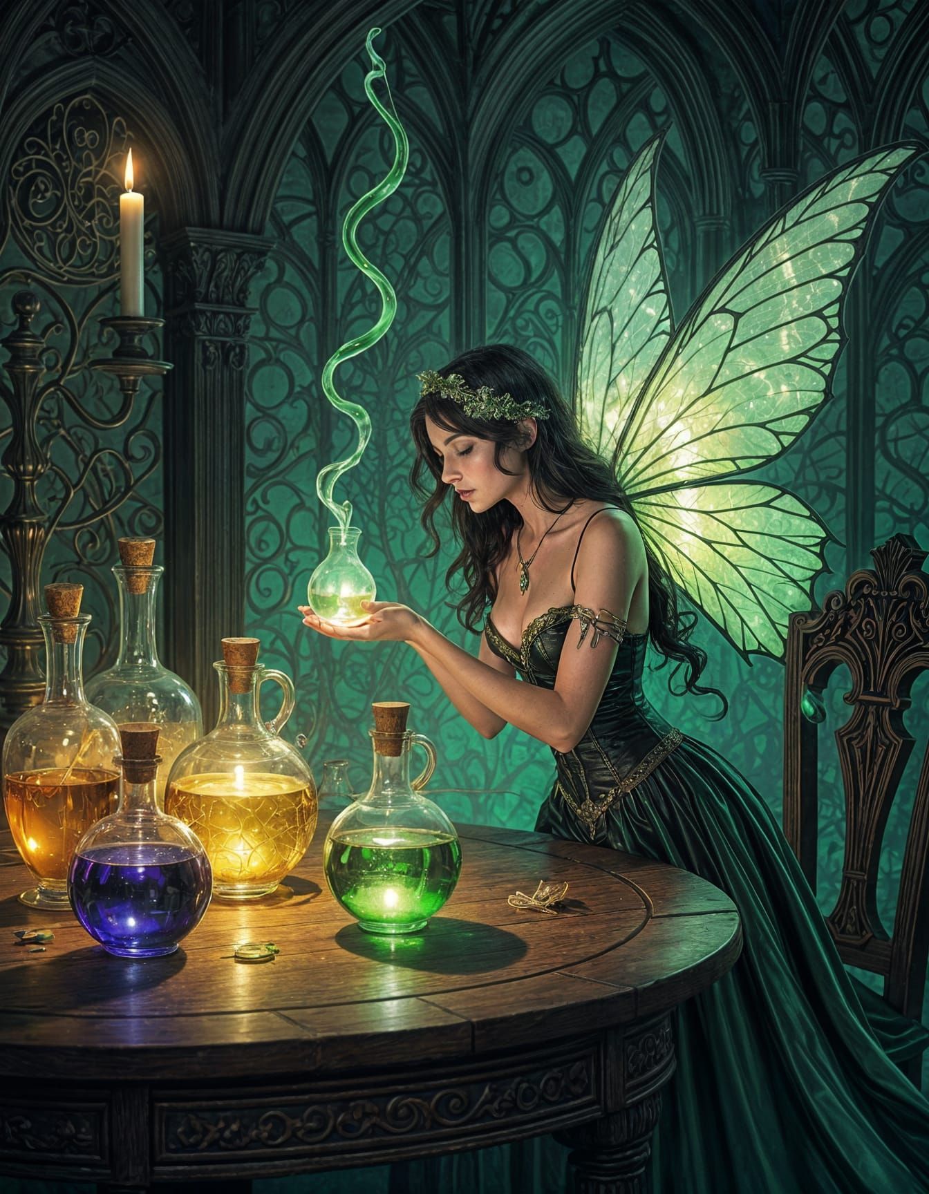 Magical Potions and Ethereal Fairy in Dark Fantasy Style