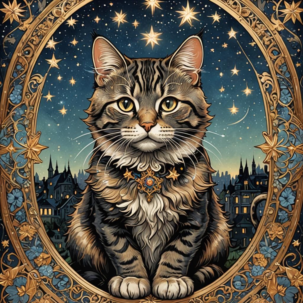 Victorian Cat Among Stars in Art Nouveau Style