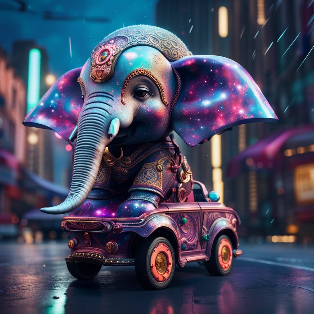 Rococo Elephant Car on Cyberpunk Street