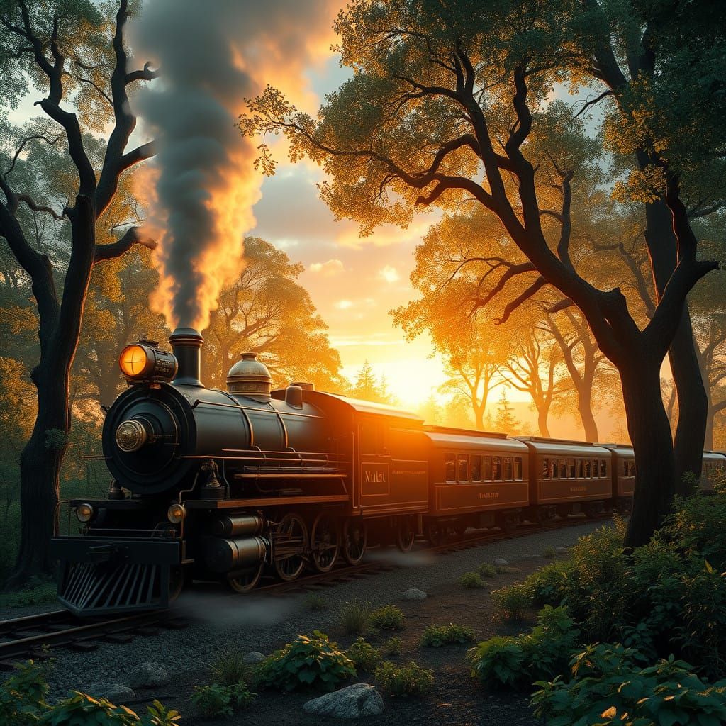 Steam Engine in Mystical Woodland at Dawn