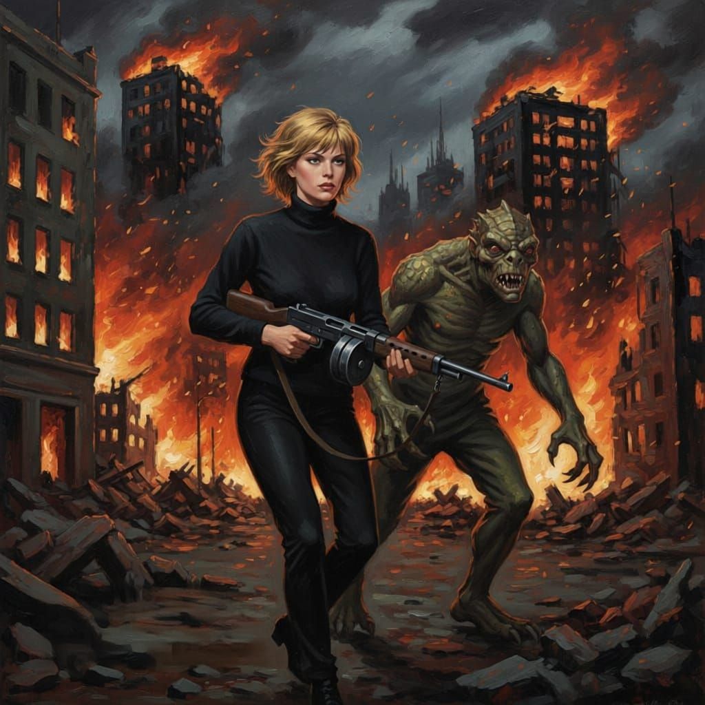 Honey West in Hell: Expressionist Oil Painting