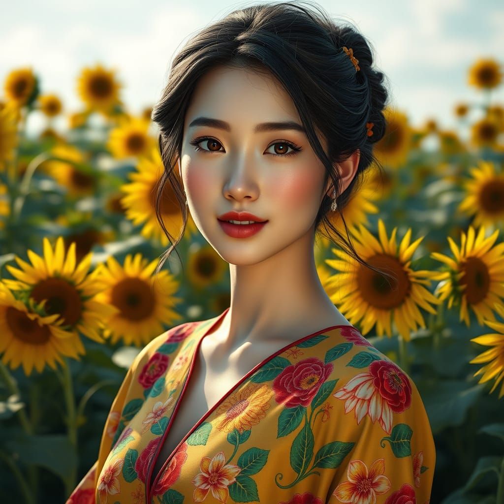 Elegant Asian Woman Amidst Vibrant Sunflowers in Hyper-Detai...