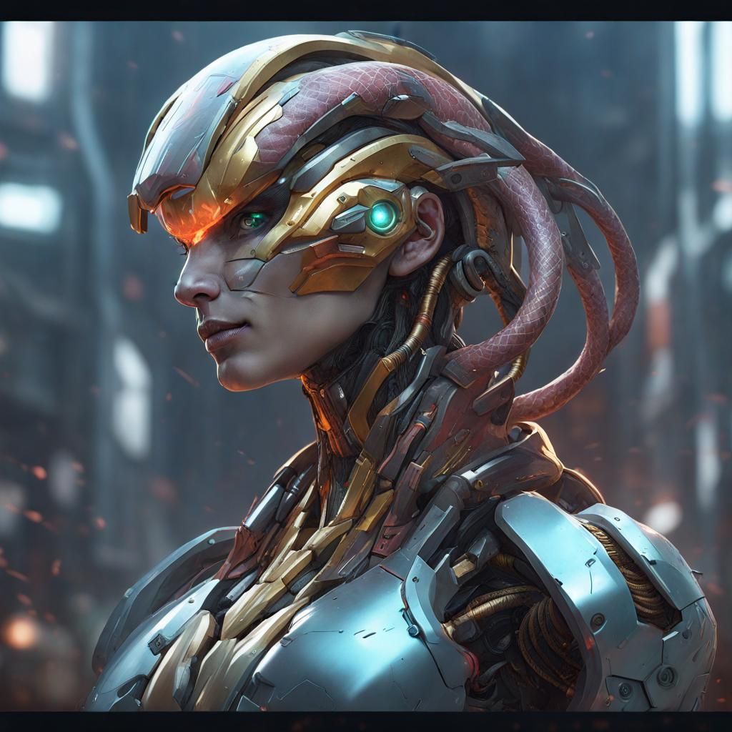 Detailed Robot-Snake Warrior Portrait in Digital Art Style