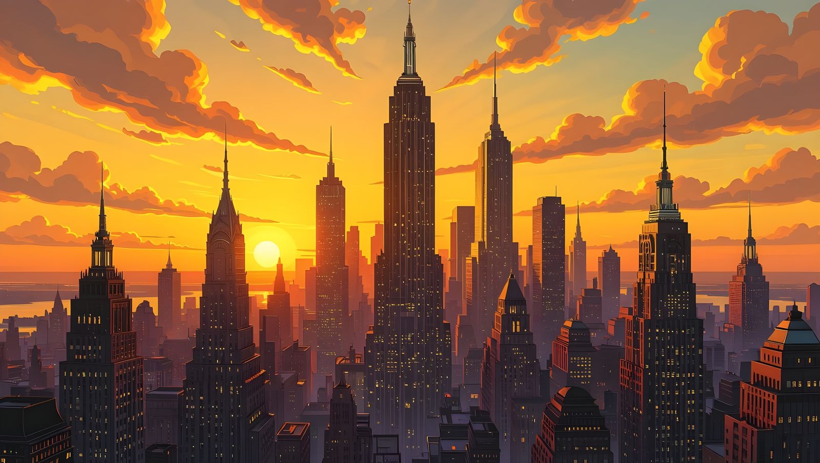 Dieselpunk Cityscape at Art Deco Sunset