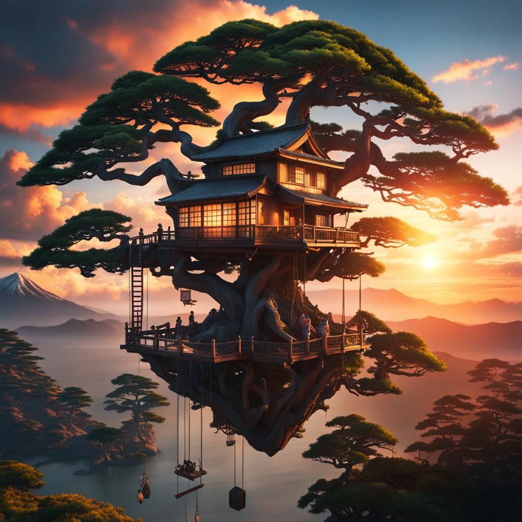 Bonsai Treehouse at Sunset: Digital Matte Painting