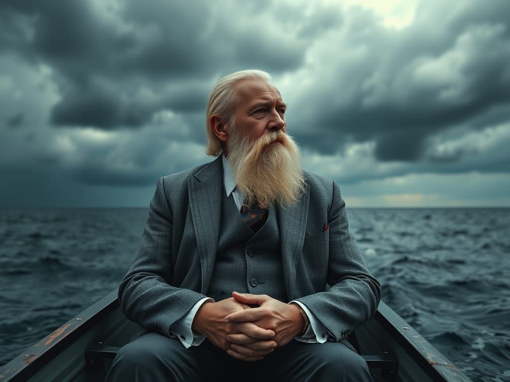 Elderly Man in Stormy Seas, Cinematic Photo-Realistic