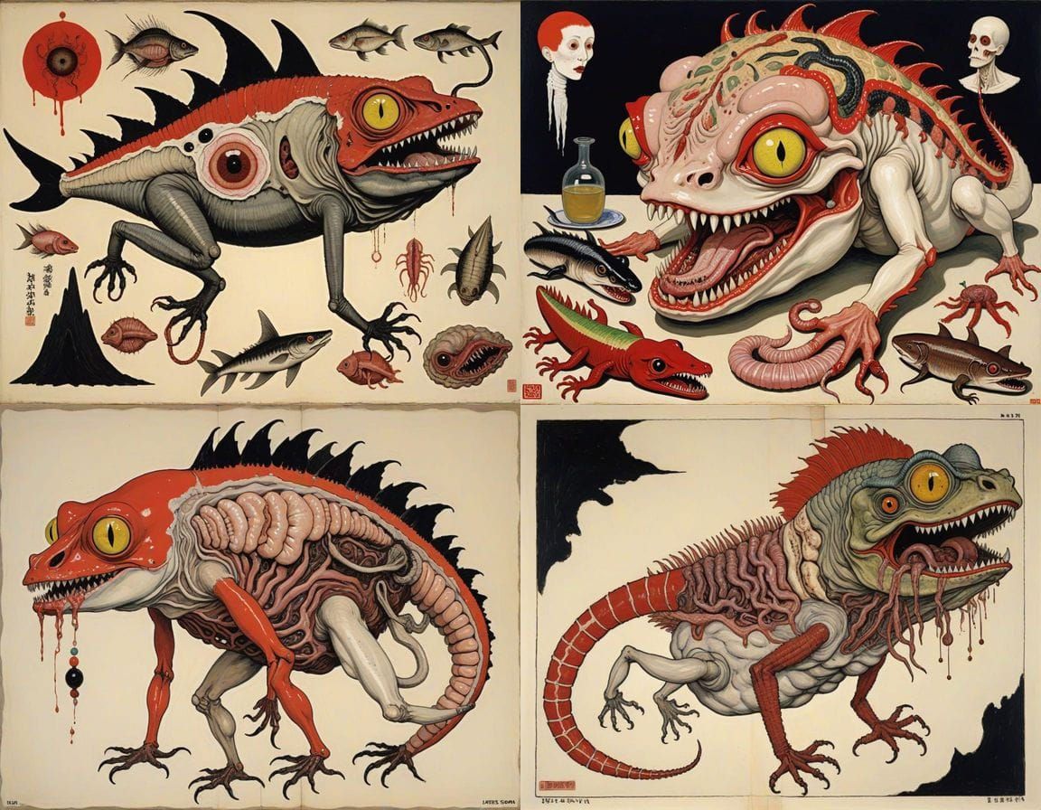 Surreal Ukiyo-e Mythical Creatures in Egon Schiele Style