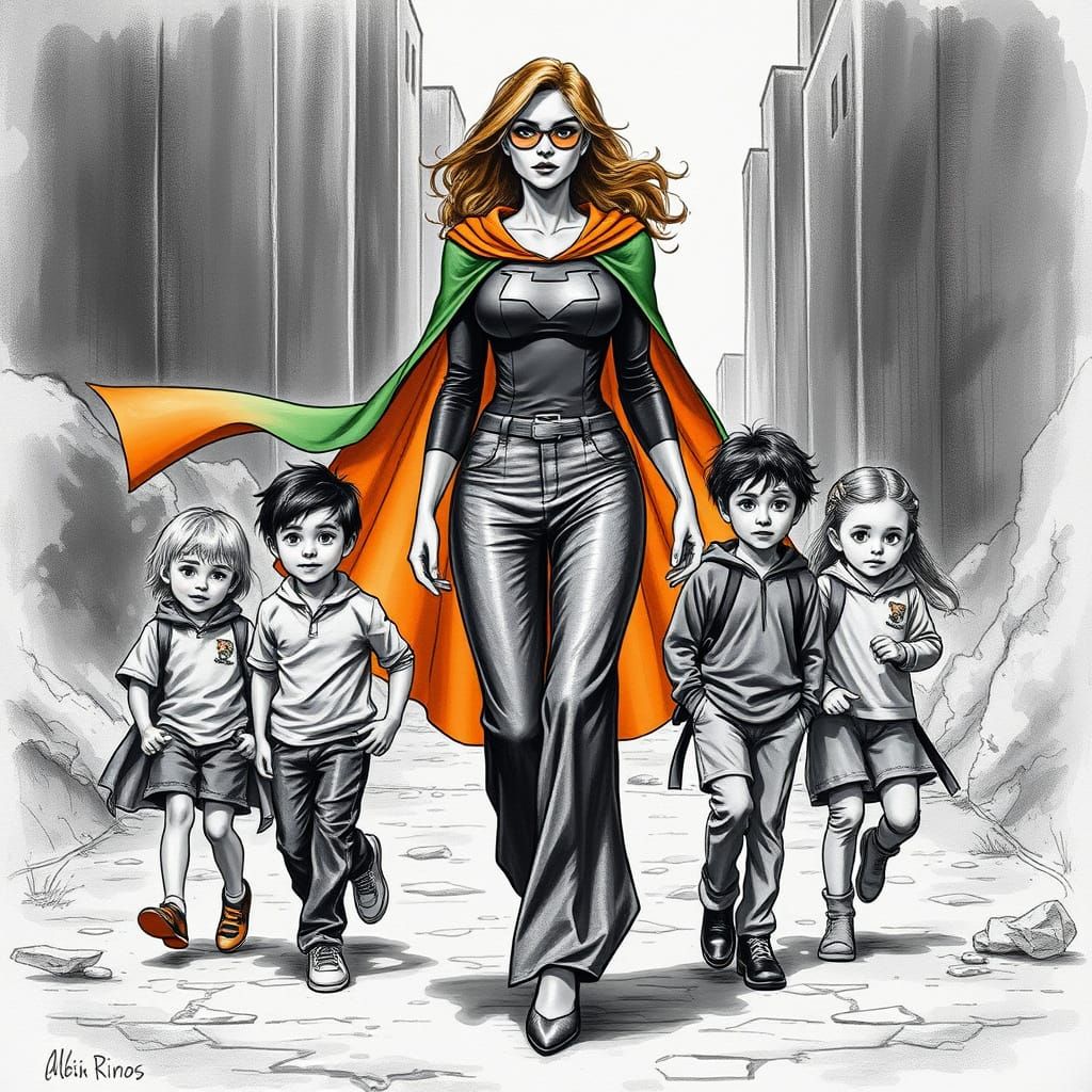 Female Superhero Protects Youth in a Monochromatic World wit...