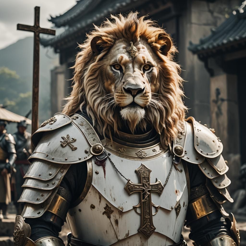 Lion Samurai in White Armor: Cinematic Film Still