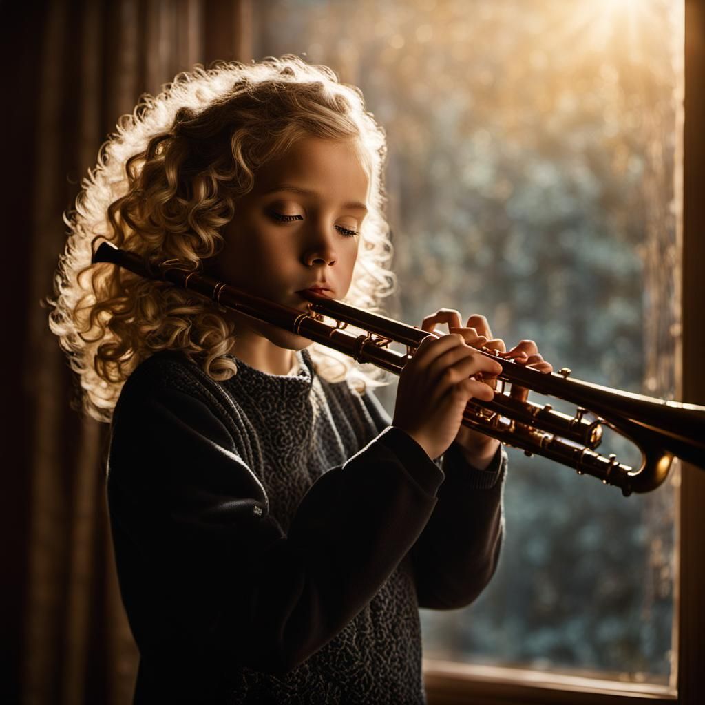 Girl Plays Flute in Golden Hour Light