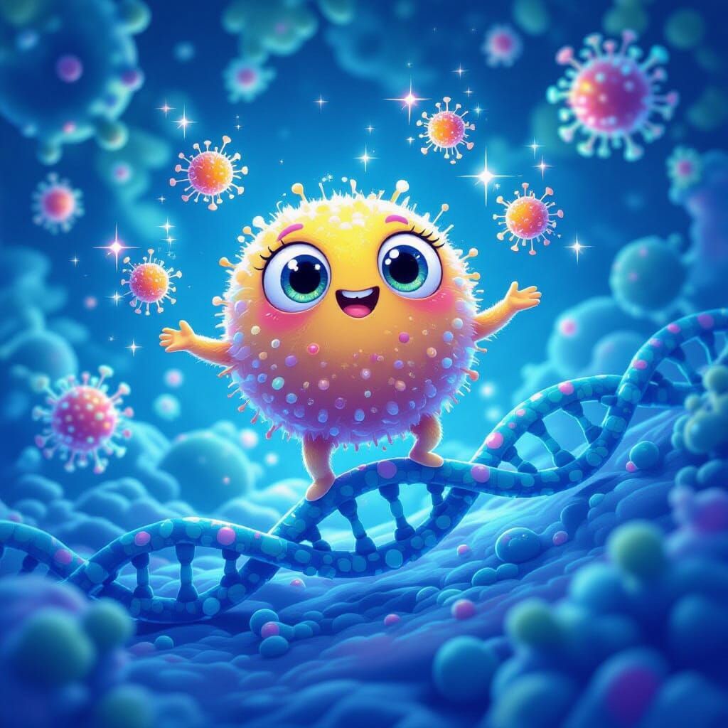 Fuzzy Microbe Juggles Viruses on DNA Strand in Neon Style