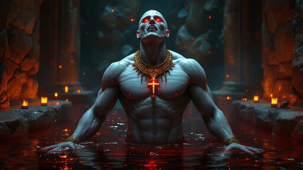 Dark Vampire Emerges from Crimson Pool in Gothic, Biomechani...