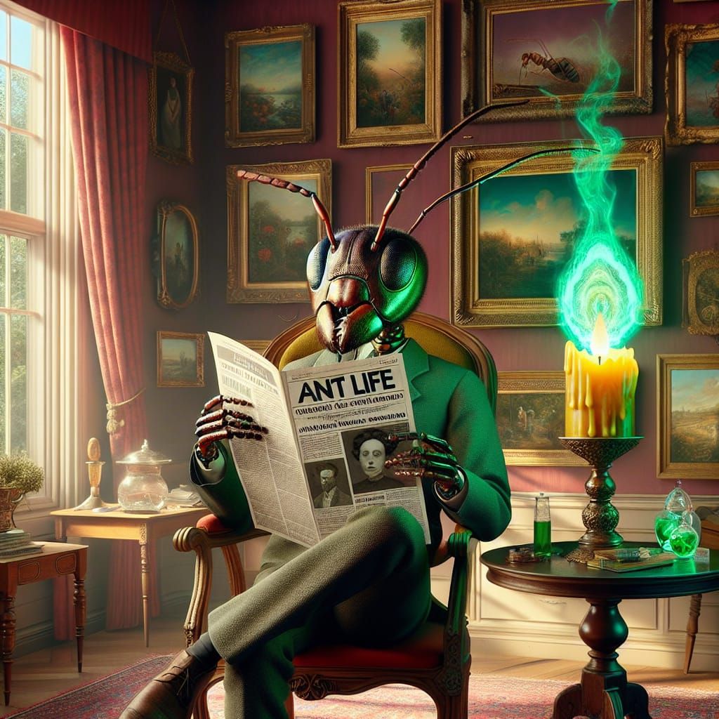 Human-Sized Ant Reads 'Ant Life' in Victorian Room