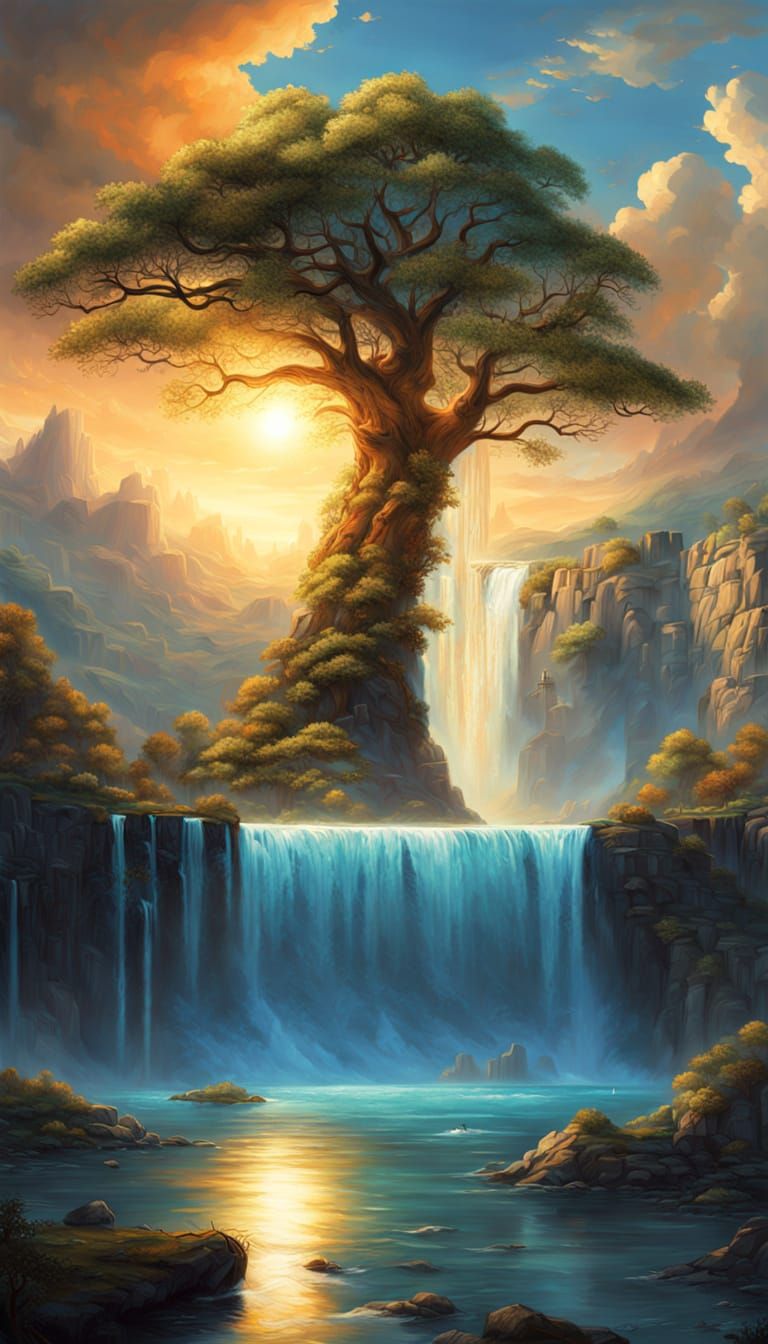 Epic Fantasy Waterfall Landscape with Glowing Tree