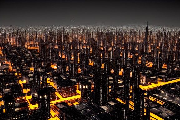 Gothic Clockpunk Megacity Skyline at Night