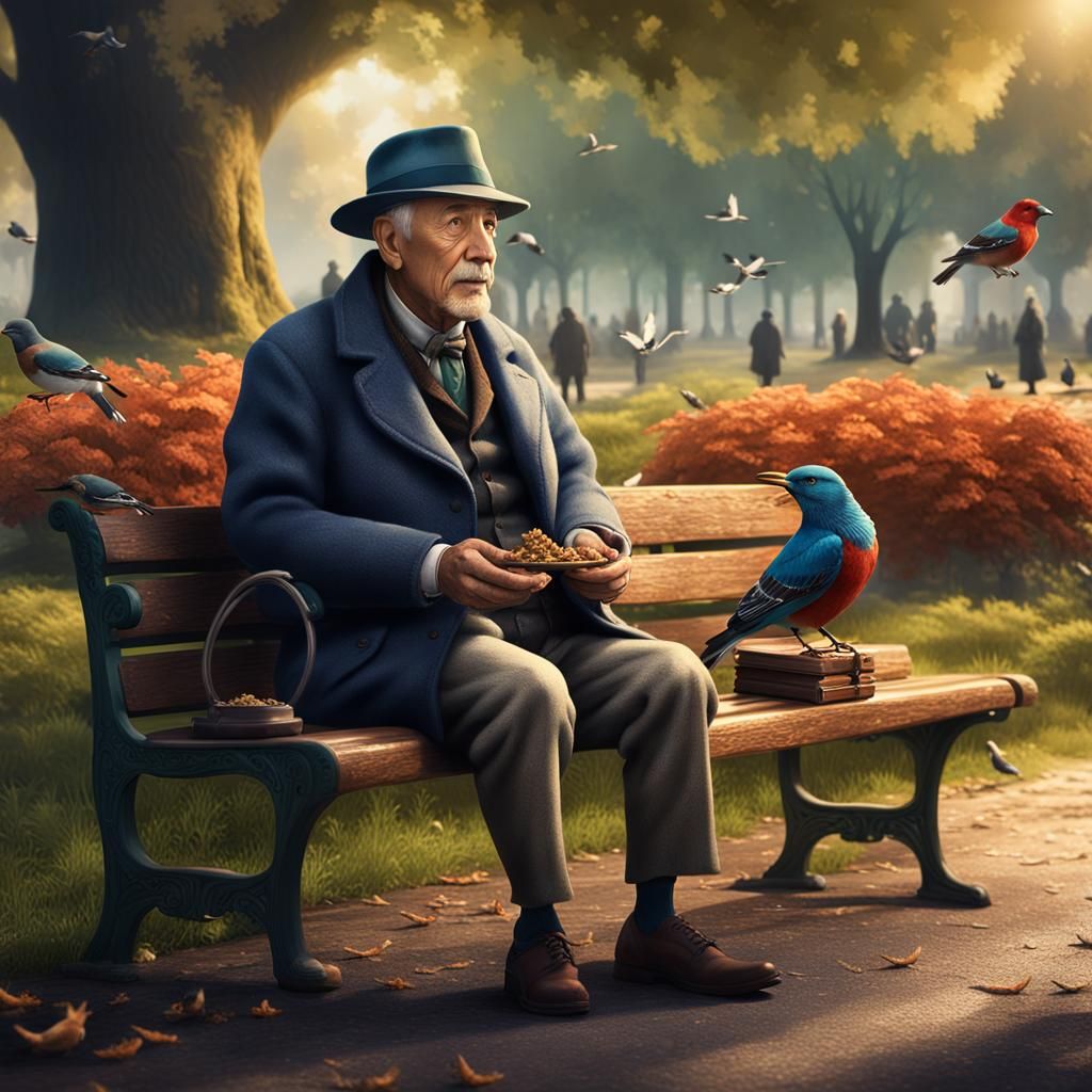 Old Man Feeding Birds: Detailed Fantasy Concept Art