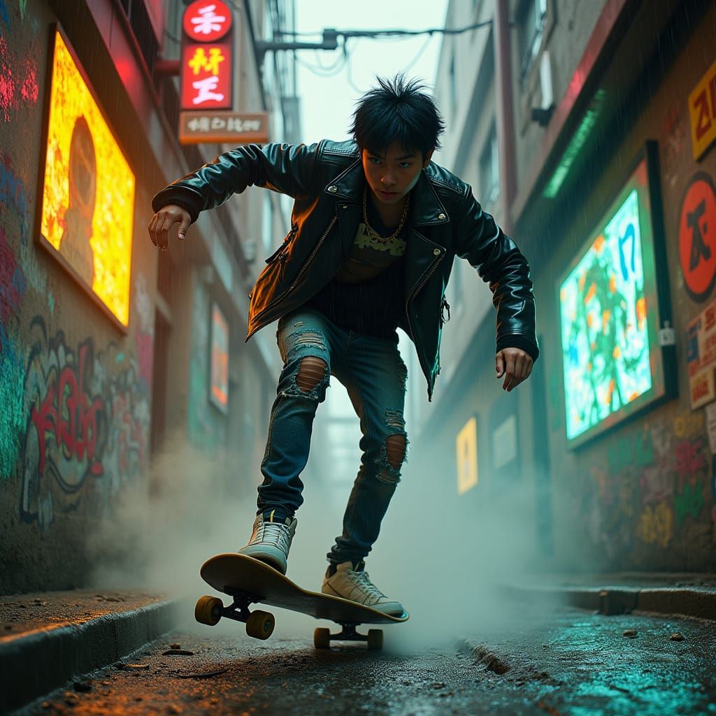 Cyberpunk Youth Rides Skateboard Through Neon Alleyway