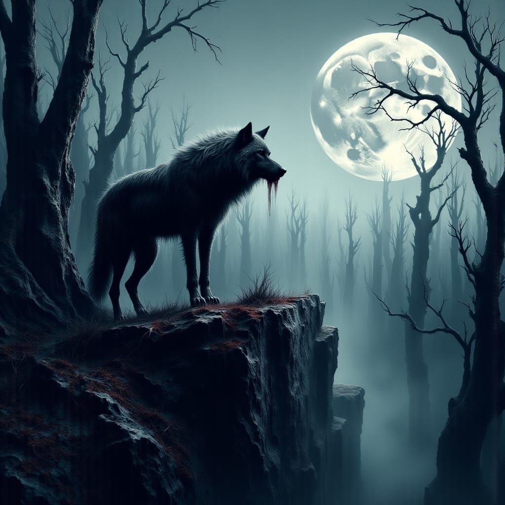 Lone Wolf on Craggy Precipice in Dark Fantasy Style