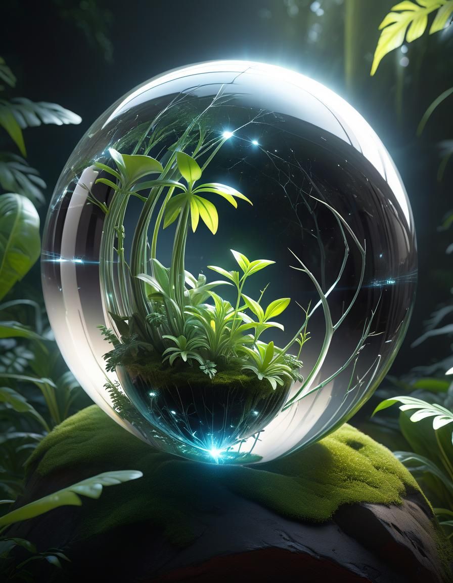 Alien Plants Crack Glass Sphere: Hyperrealistic Concept Art